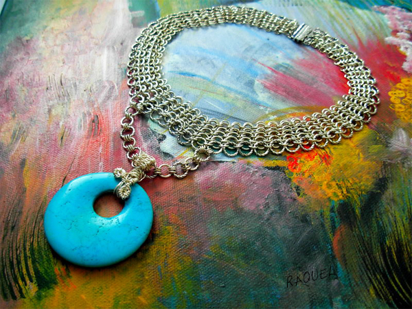turquoise circle silver mesh necklace